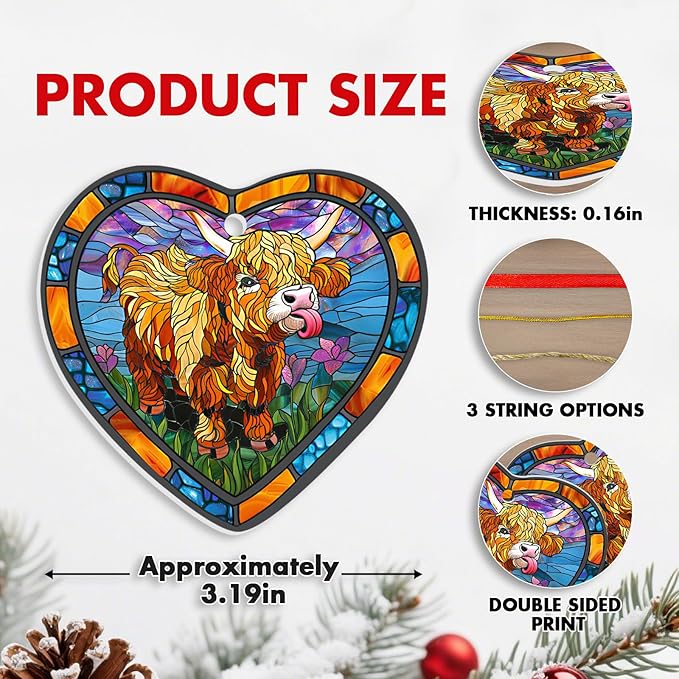 1pc 2 Side Printed Highland Cow Ceramic Ornament 2025, Heart-Shaped Christmas Tree, Cute Keepsake Decoration