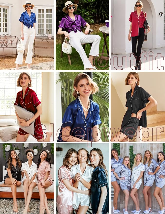 Ekouaer Silk Pajamas for Women Short Sleeve Sleepwear Soft Button Down Loungewear 2 Piece Satin Pjs Shorts Set S-XXL