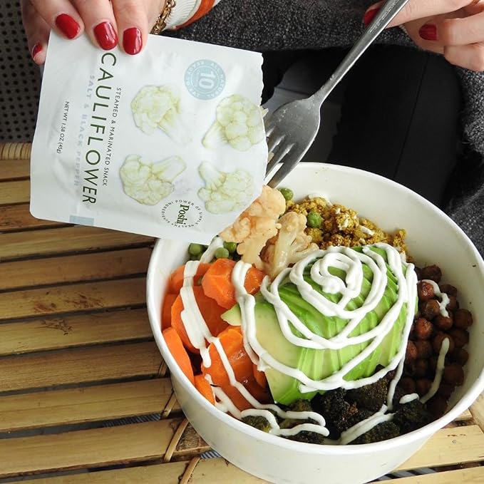 POSHI Marinated Cauliflower Florets Snack Pack | Salt + Pepper | Keto, Vegan, Paleo, Non GMO, Low Carb + Calorie, Gluten Free, Fully Cooked Vegetables, Gourmet, Healthy, All Natural (10 Pack, 1.58 oz)