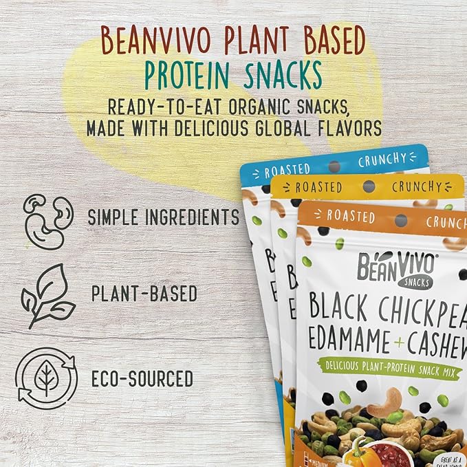 BeanVIVO Healthy Snacks for Adults & Kids with 7g Protein & 5g Fiber per Serving with Dried Edamame, Roasted Cashew and Chickpeas - Vegan & Gluten Free - Keto Friendly & Non-GMO - 3-Pack (4.5 oz Each Pouch)