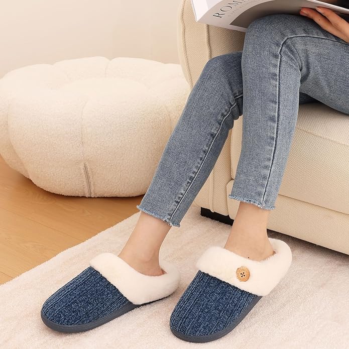 Evshine Warm Knit House Slippers for Women Comfy Wool-Like Lined Chenille Slippers with Memory Foam and Indoor Outdoor Soles