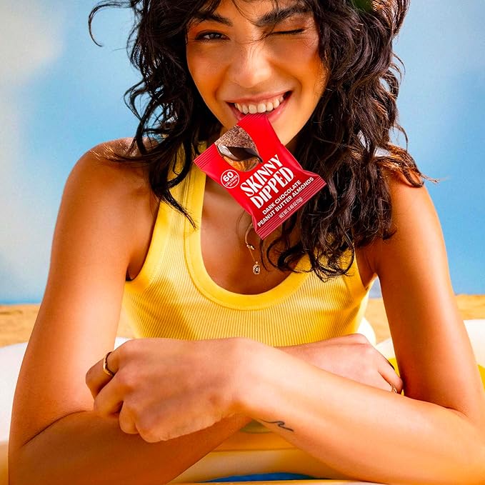 SkinnyDipped Dark Chocolate Peanut Butter Almonds, Healthy Snack, Plant Protein, Gluten Free, 0.46 oz Mini Bags, Pack of 24