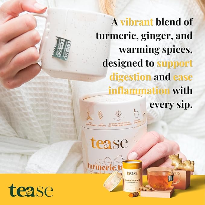 Tease Tea Turmeric Ginger Tea - Turmeric Tonic Herbal Tea, Anti-Inflammatory, Caffeine Free Drink Made with Ginger, Turmeric Root, and Calendula for Digestion Support and Tension Soothing