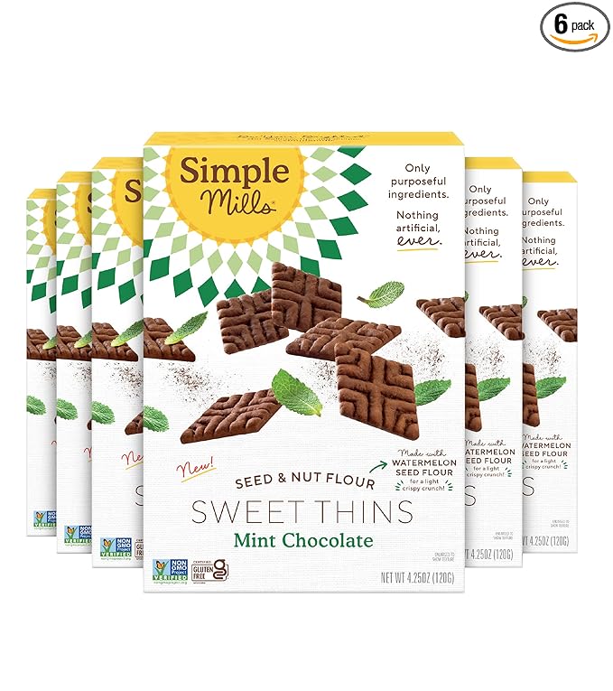Simple Mills Sweet Thins Cookies, Seed and Nut Flour, Mint Chocolate - Gluten Free, Paleo Friendly, Healthy Snacks, 4.25 Ounce (Pack of 6)