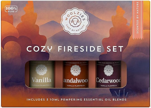 Woolzies Top 3 Cozy Fireside Essential Oil Set | Premium Oils incl. Cedarwood Vanilla & Sandalwood | Therapeutic Grade Aromatherapy Oils | Great Scent for Spa/Home (3 Pack, Cozy Fireside)