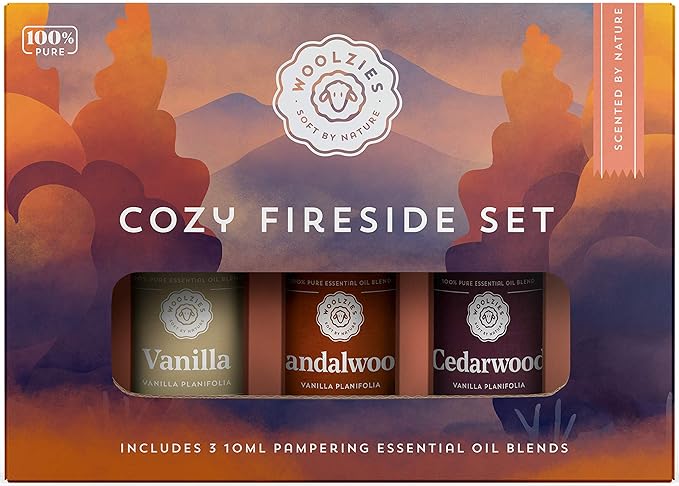 Woolzies Top 3 Cozy Fireside Essential Oil Set | Premium Oils incl. Cedarwood Vanilla & Sandalwood | Therapeutic Grade Aromatherapy Oils | Great Scent for Spa/Home (3 Pack, Cozy Fireside)