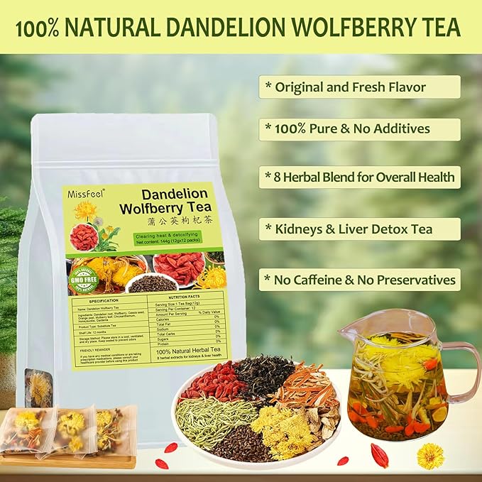 Dandelion Wolfberry Tea, 12 Pcs Natural Kidney & Liver Detox Tea, 8 Chinese Herbal Ingredients Blend, Dandelion Wolfberry Organic, Cassia seed, Chrysanthemum, Honeysuckle (144g,12gx12 packs)
