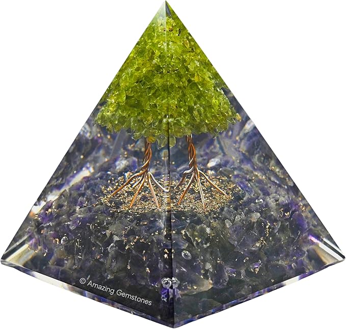 Amazing Gemstone Organite Orgone Pyramid Extra Large 105 MM - Orgone Energy Pyramid with Amethyst Crystals, Peridot Tree and Healing Stone - Orgonite Pyramids Crystals and Positive Energy