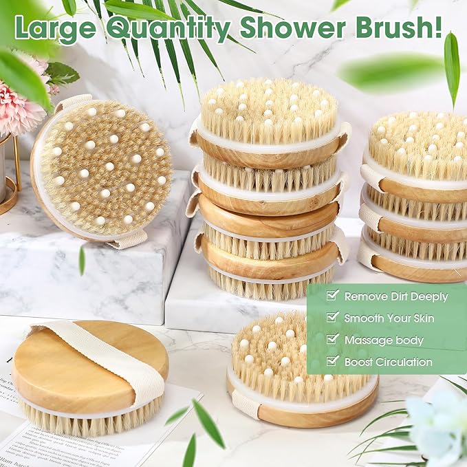 Gejoy 10 Pcs Dry Brushing Body Brush Exfoliating Brush with Massage Nodule Dry Skin Body Scrubber for Shower Bath Back Circulation Improvement Dead Skin Exfoliator (4.3 x 4.3 Inches,Wood Color)