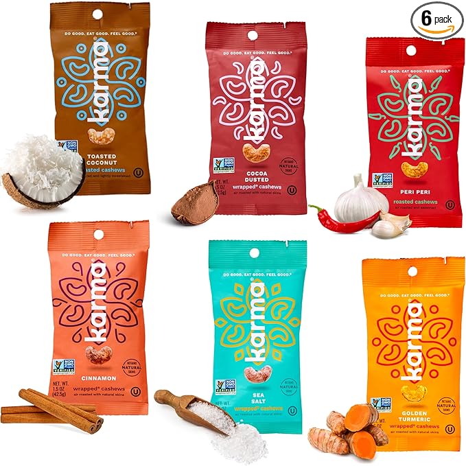Karma Nuts Flavored Cashews Variety Pack (1.5 oz, Pack of 6) – Whole Roasted Cashews, Healthy Snacks for Adults - Gluten Free Vegan Snacks, Vegan, Non GMO - Flavored Nuts Low Carb