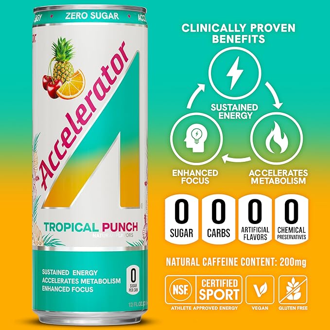 Accelerator Active Energy Drink Sugar Free Zero Carbs, Tropical Punch, 12oz can(12 pack) Enhanced Focus & Sustained Energy from 100% Natural Caffeine (200mg& Green Tea Extract