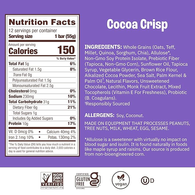 Munk Pack Probiotic Protein Breakfast Bars - 10g Plant Protein, 1g Sugar, 6g Fiber – For Adults & Kids, Low Sugar Snack, Gluten-Free, Diabetic-Friendly, Non-GMO, Cocoa Crisp - 12 Pack