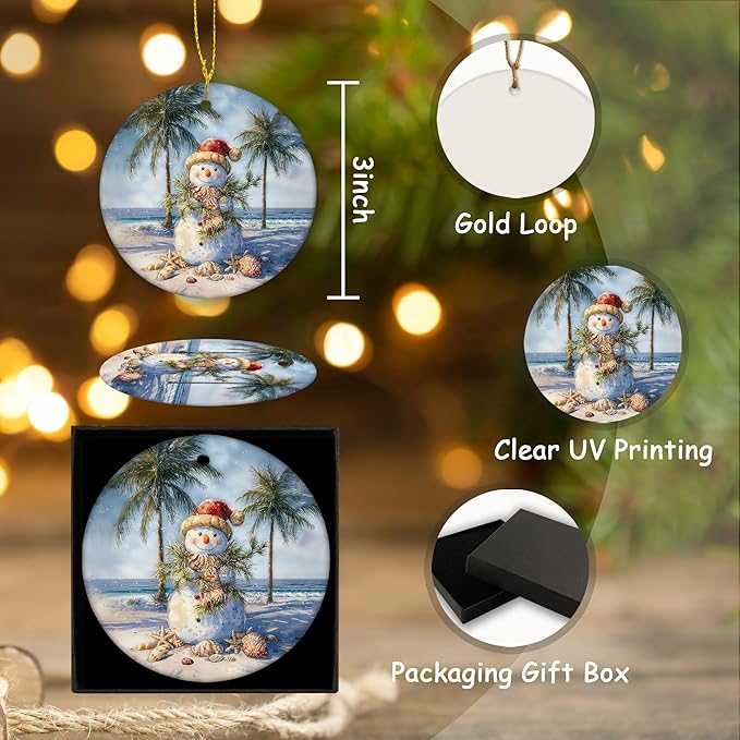 Coastal Summer Christmas Ceramic Ornament Gifts, Ocean Beachy Snowman Christmas Decorative Hanging Ornaments for Xmas Tree Holiday Party Decoration, Coastal Beach Xmas Tree Decorations