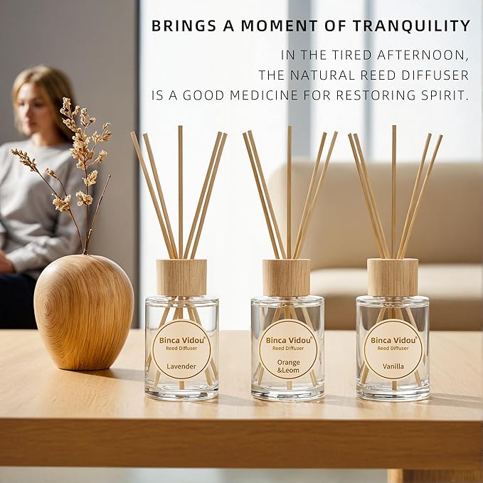 Reed Diffuser Set, Binca Vidou Lavender Vanilla Orange & Lemon Natural Scent Oil Diffusers with Sticks for Home Office Bathroom Aromatherapy Decor 2.7oz x 3