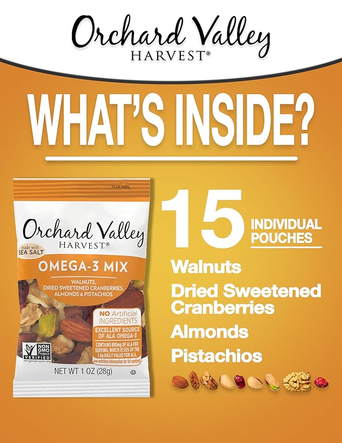 Orchard Valley Harvest Omega-3 Mix, 1 Ounce Bags (Pack of 15), Walnuts, Cranberries, Almonds, and Pistachios, Gluten Free, Non-GMO, No Artificial Ingredients, Healthy Snacks for Adults