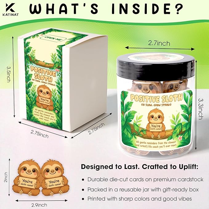 Positive Sloth Jar – 60 Affirmation Cards For Women, Girls - Mental Health & Stress Relief Support Gift, Sloth Gifts For Women, Coworker, Teen Girl Gifts Trendy Stuff