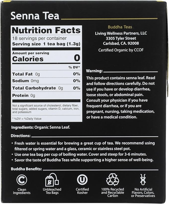 Buddha Teas - Organic Senna Tea - Herbal Tea - For Health & Wellbeing - With Vitamins, Minerals & Antioxidants - Clean Ingredients - Caffeine Free - OU Kosher - 18 Tea Bags (Pack of 1)