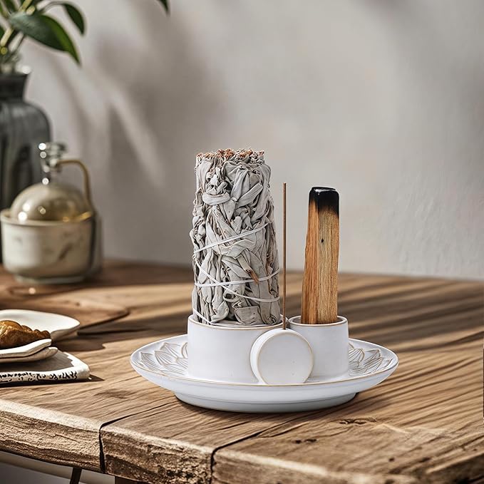 4 in 1 Incense Holder, Ceramic Incense Stick and Palo Santo Holder,Sage Holder for Burning- 5.5" Ceramic Ash Catcher Tray for Meditation and Yoga Room (White)
