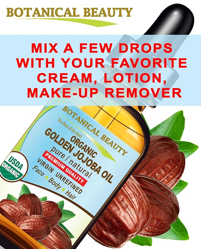 Botanical Beauty Organic JOJOBA OIL 100% Pure Natural VIRGIN UNREFINED Cold-Pressed Carrier Oil 1 Fl oz 30 ml for Face, Skin, Body, Hair, Lip, Nails. Rich in Vitamin E, Omega 6, Omega 9