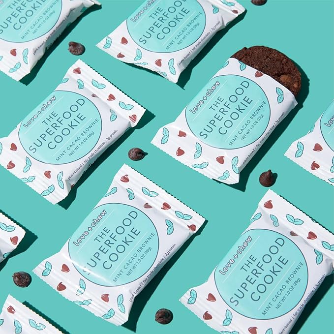 Love + Chew, Mint Cacao Brownie Minis - 18 Count - Tasty Gluten Free Cookies - Vegan - Healthy, Paleo, Non GMO Snacks - Individually Wrapped, Soft Baked Cookies - Made from High Protein Almonds