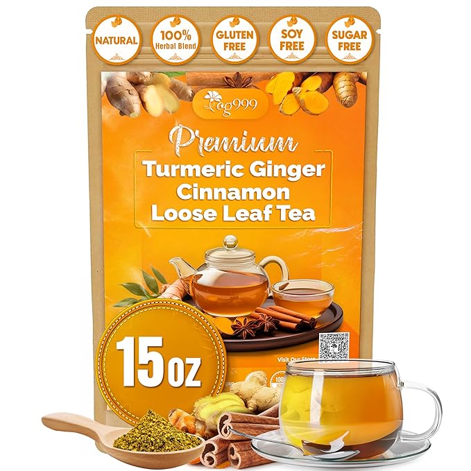 TOG999, Premium 15oz Ginger Turmeric Cinnamon Loose Leaf Herbal Tea - Premium Quality Spiced Herbal Blend – Caffeine-Free, Non-GMO, Natural Dried Roots and Bark. Vegan-Friendly.
