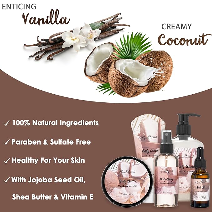 Spa Baskets For Women - Luxury Bath Set With Coconut & Vanilla - Spa Kit Includes Wash, Bubble Bath, Lotion, Bath Salts, Body Scrub, Hand Cream, Shower Puff, Bathbombs, Soap and Towel