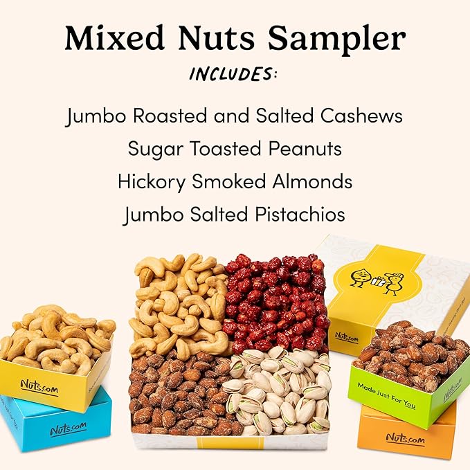 Nuts.com Mixed Nut Sampler – Variety Snack Box for Fall, Thanksgiving and Festive Gifts – 1.25Lb Gift Package Includes Pistachios, Peanuts, Hickory Smoked Almonds, Roasted and Salted Cashews