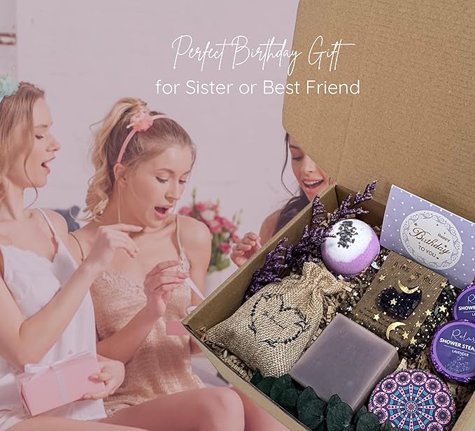 Lavender Gift Box for Women โ Birthday Gift for Her, Spa Gift Set, Relaxing Self Care Package for Mom, Wife, Sister, Best Friend โ Stress Relief Gifts for Women