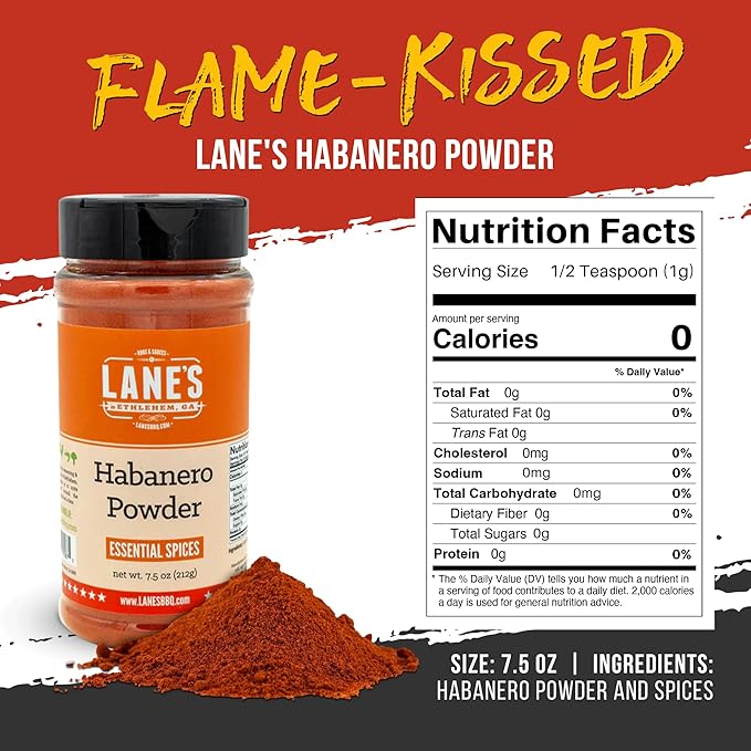 Lane's Habanero Powder Seasoning, All-Natural Habanero Pepper Powder Blend with Chili de Arbil & Black Pepper, Hot & Spicy, Gluten-Free, Made in USA, 7.5 Oz