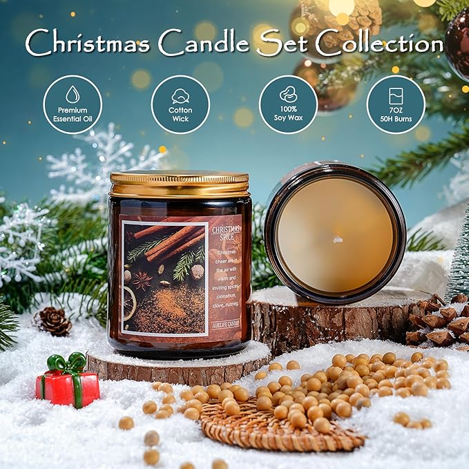 Christmas Candle | Christmas Spice Scented Candle, Holiday Candles Gift, Soy Wax Candle for Home Scented, Aromatherapy Jar Candles, Gifts for Women and Men, Cozy Winter Candles for Home Decor, 7 oz