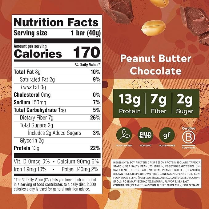 Simply Protein - Peanut Butter Chocolate Crispy Bars - Plant Based Protein Bars - Low Carb, Low Sugar, High Fiber - 13g Protein, 2g Sugar, 7g Fiber - Vegan, Gluten Free, Non GMO, Kosher - 4 Bars