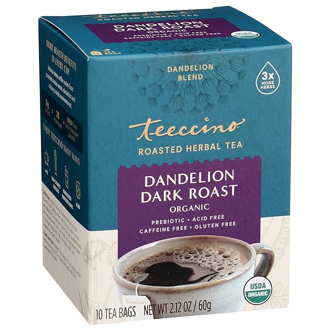 Teeccino Dandelion Dark Roast and Dandelion Caramel Nut Tea Variety Pack - Caffeine-Free, Roasted Herbal Tea with Prebiotics, Gluten Free - 10 Tea Bags (Pack of 4)