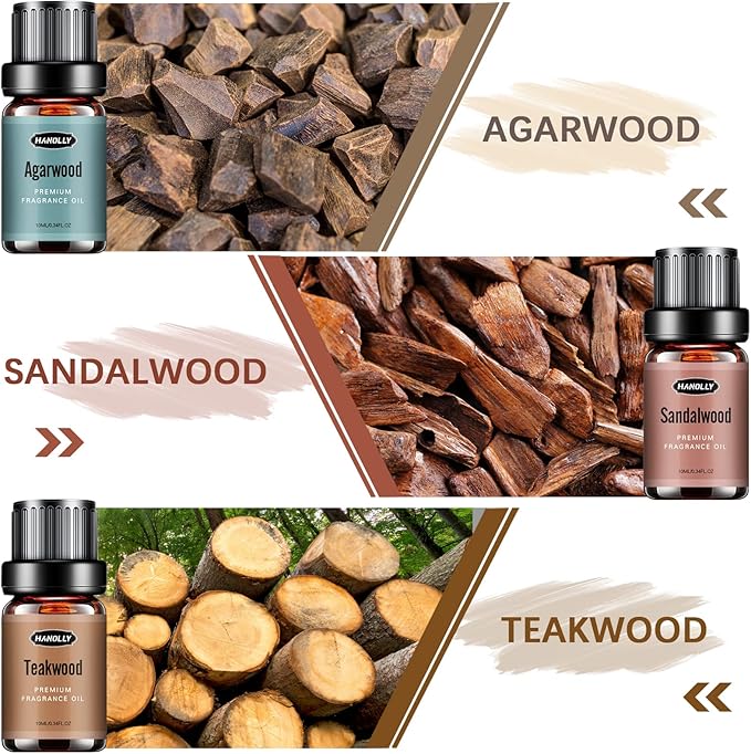 Woody Essential Oils Set, Woody Scents Fragrance Oil Aromatherapy Essential Oils Kit for Diffuser (6x10ML) - Sandalwood, Cedarwood, Teakwood, Agarwood, Cypress, Forest Pine Aromatherapy Oils