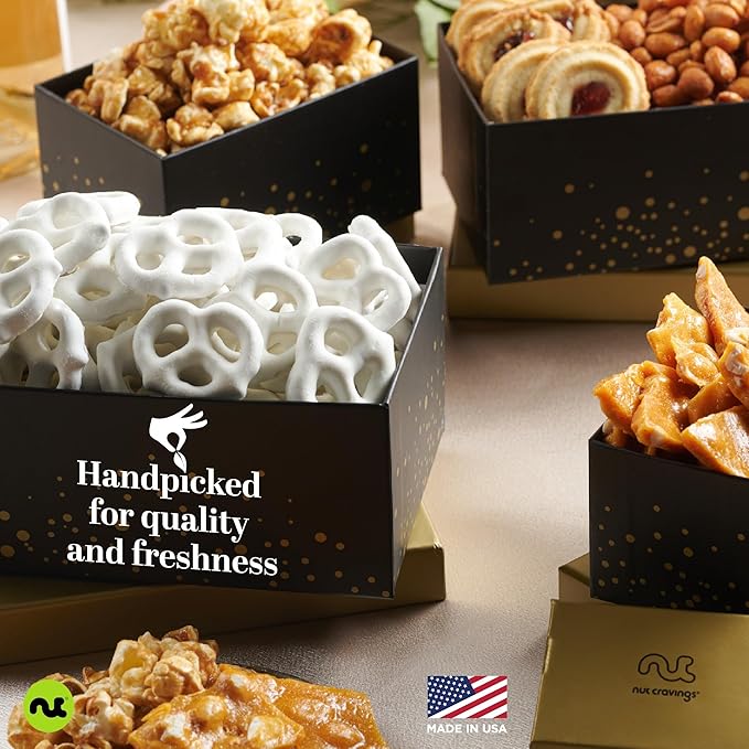 NUT CRAVINGS - Diwali Sweets Hamper Chocolate Covered Pretzels & Caramel Popcorn Gift Basket, in Black Tower + Ribbon (8 Assortments) Food Arrangement Healthy Snack Care Package