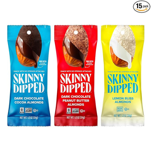 SkinnyDipped Snack Attack Almond Variety Pack, Chocolate Covered Almonds, Low Sugar, Gluten Free, Healthy Snack, 1.2 Ounce Bags (Pack of 15)