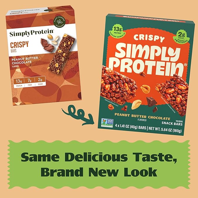 Simply Protein - Peanut Butter Chocolate Crispy Bars - Plant Based Protein Bars - Low Carb, Low Sugar, High Fiber - 13g Protein, 2g Sugar, 7g Fiber - Vegan, Gluten Free, Non GMO, Kosher - 8 Bars
