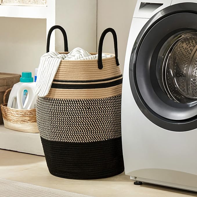 Fiona's magic 65L Cotton Rope Laundry Hamper, Large Woven Tall Laundry Basket for Storage Clothes and Toy in Bedroom, Living Room Organizing, Collapsible, Brown & Black