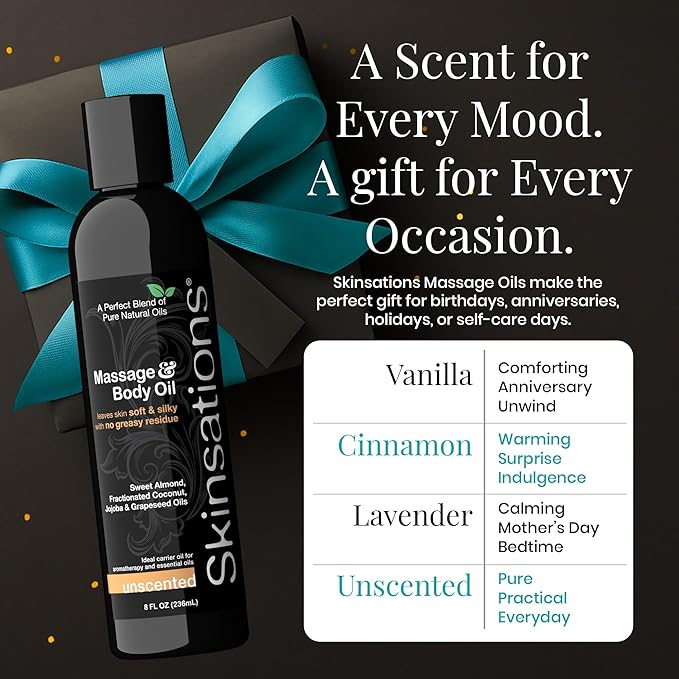 Skinsations - Unscented Massage Oil for Massage Therapy - 16oz | Fragrance-Free Body Oil for Sensitive Skin & Aromatherapy | Sweet Almond, Jojoba, Coconut & Grapeseed Oils