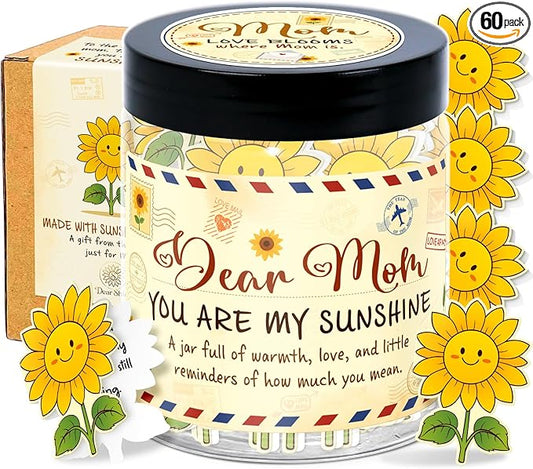 Mom Affirmation Jar – You Are My Sunshine Gift - Mom Birthday Gifts From Son, Daughter - Mothers Day, Christmas, Birthday Gifts For Moms - 60 Positive Sunflower Affirmation Cards