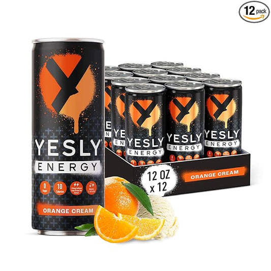 Yesly Energy Drink, Orange Cream, Naturally Flavored Sparkling Energy Drink With Electrolytes, Magnesium, Potassium, Vitamin C, B6 & B12, Natural Caffeine From Green Tea, 12 Fl Oz Cans, 12 Pack