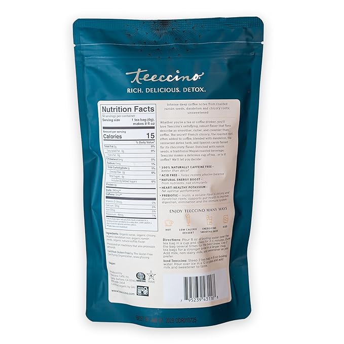 Teeccino Dandelion Herbal Tea, 50 Tagless Eco-Friendly Tea Bags - Dark Roast - Caffeine Free, Prebiotic, Gluten Free, 3x More Herbs