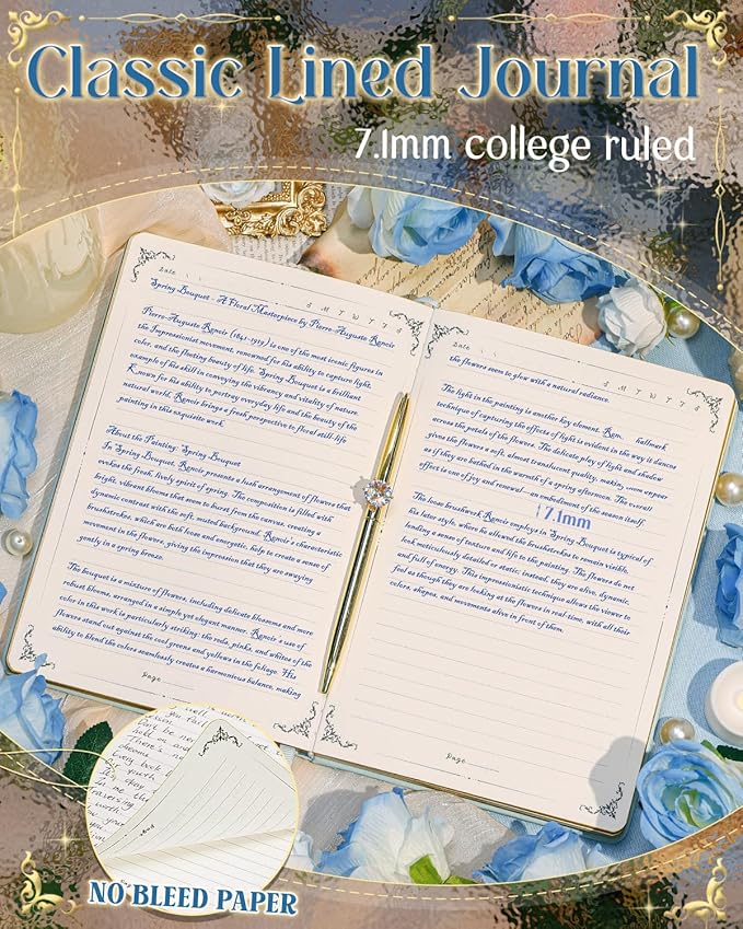 Thick Journal for Women & Girls, 360 Pages A5 Writing Journaling Notebook with Paintings, Women Journal for Writing, Vintage Journal with Gift Box & Pen for Girls Gift Ideas (Ice Blue)