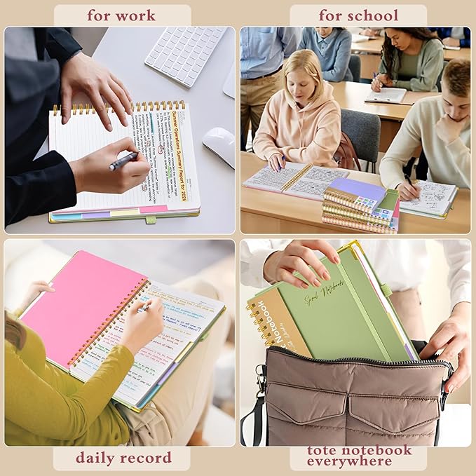 Hardcover Spiral Notebooks for Work, 5 Subject Notebook College Ruled with Dividers Tabs, Lined Organizer Notebook Journal for Women, 8"x10" Large B5 Notebooks for School Note Taking, 240 Pages Pink