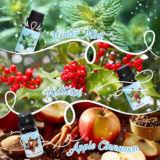 Holiday Fragrance Oil Set, Winter Essential Oils for Diffuser, Apple Cinnamon, Forest Pine, Candy Cane, Winter Mint, Cranberry, Mistletoe, Diffuser Oils Gift Set for Aromatherapy