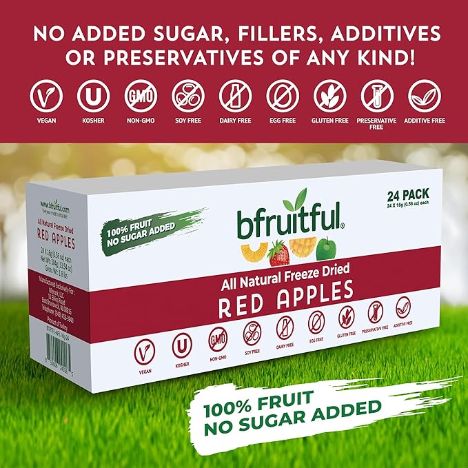 bfruitful Freeze-Dried Apple, Freeze Dried Fresh Fruit Bites, Gluten Free, Vegan, Dairy Free, Kosher, No Sugar Added, Non GMO, Healthy Snacks for Kids or Adults, 0.56 oz Single-Serve Snack Packets, 24 Pack
