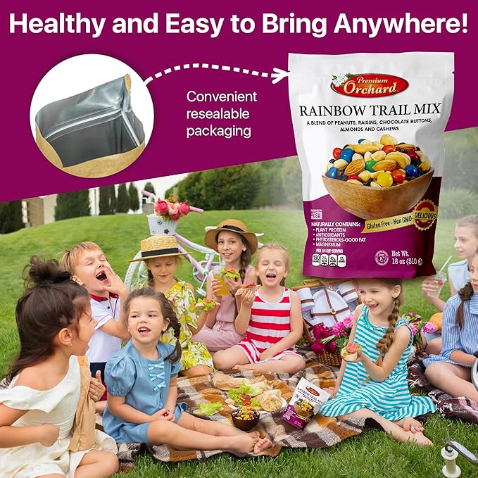 MIXED NUTS Rainbow Trail Mix by Premium Orchard - Healthy Trail Mix Variety Pack Peanuts Raisins Cashews Almonds Chocolate Buttons Heart Healthy Snacks for Adults and Kids Snacks Gluten Free