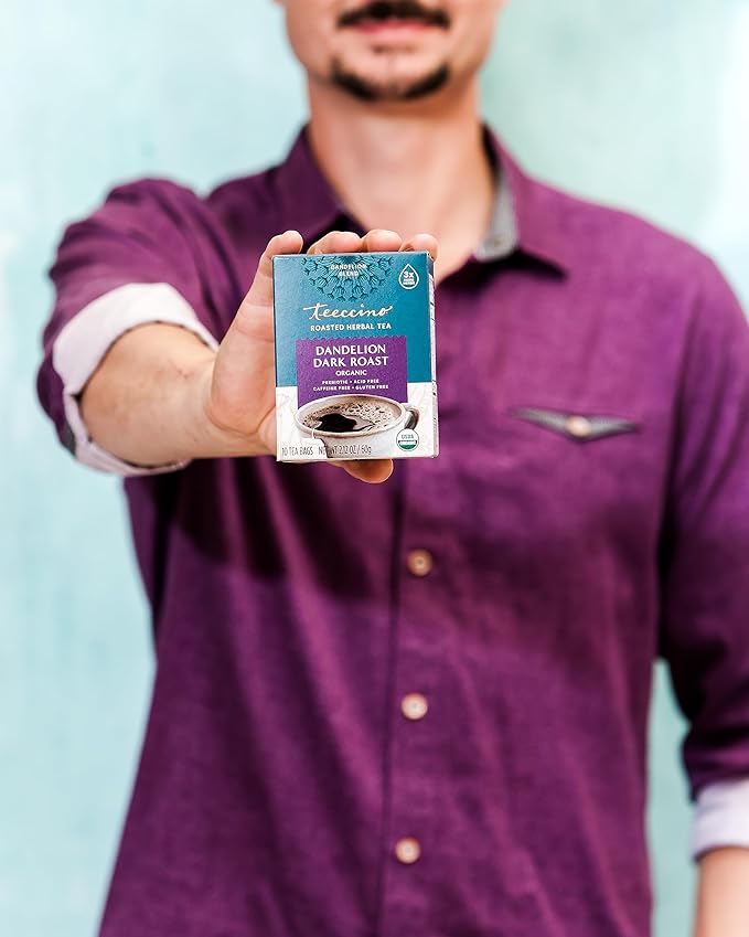 Teeccino Dandelion Dark Roast Tea - Caffeine Free, Organic, Roasted Herbal Tea with Prebiotics, 3x More Herbs than Regular Tea Bags - Gluten-Free, Acid-Free Coffee Alternative - 10 Tea Bags