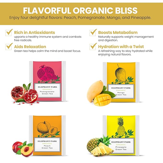 Premium Organic Fruit Green Tea Sampler, 100 Count Assorted Tea Bags, Caffeinated & Herbal Variety Pack Pineapple, Pomegranate, Mango, Peach Flavors