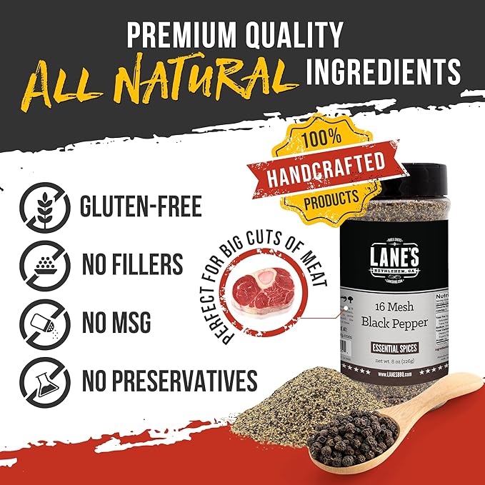 Lane's 16 Mesh Coarse Black Pepper Ground, 8 oz - Premium Coarse Ground Black Pepper Seasoning with Bold Flavor, Slow-Release Heat, Ideal for Grilling & Cooking, Gluten-Free Spice, No Preservatives