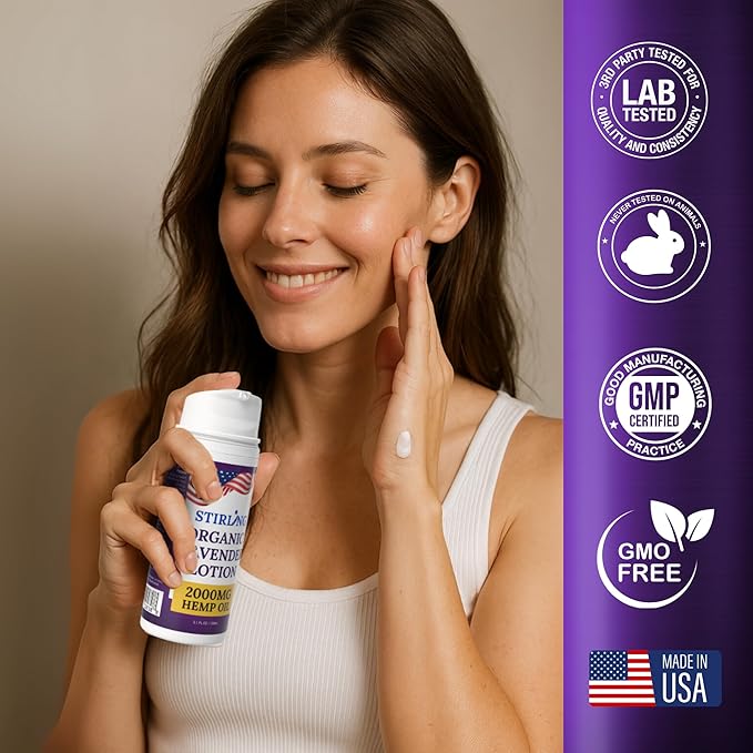 STIRLING Lavender Lotion ā Organic Lavender with 2000mg Hemp Oil, Aloe Vera, and Vitamin E ā Nourishing and Moisturizing Body Lotion for a Soft and Smooth Feel